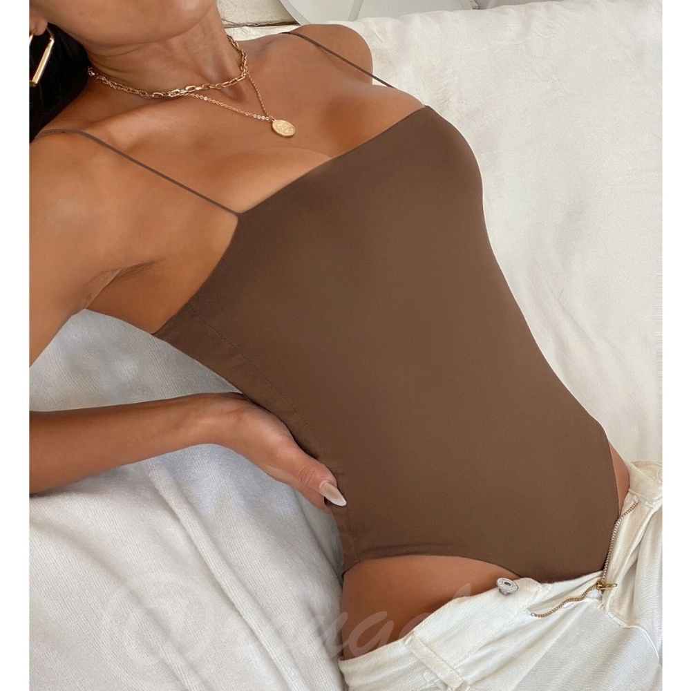 Brown Slim Bodysuit Cami Straps  Thick, Double-Layered Stretchy